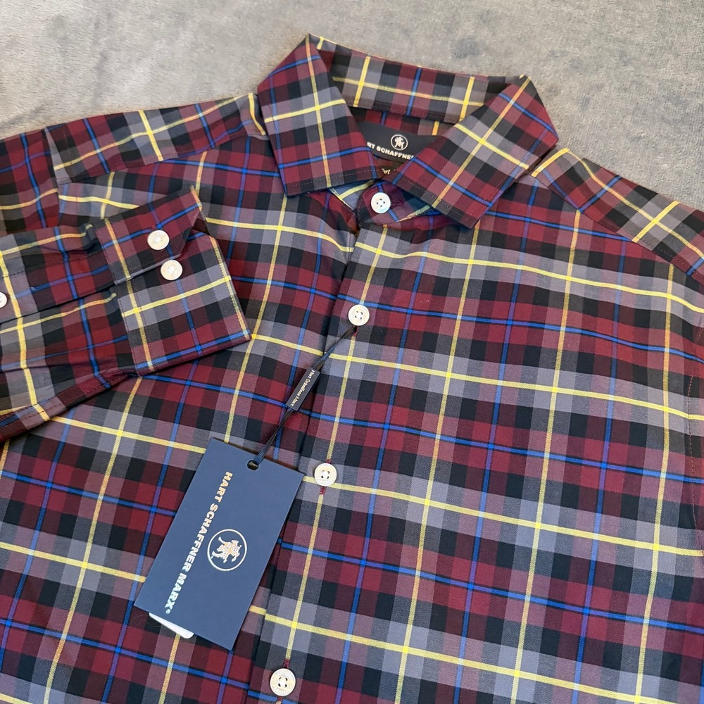Hart‎ Schaffner Marx Mens Small Plaid Button Down Shirt Burgundy Grey Cotton NWT